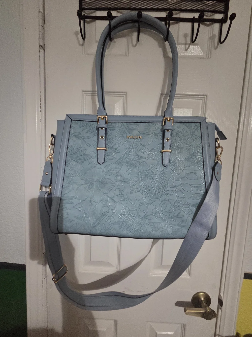 NWOT Mosiso Light Blue Floral-Embossed Women's Laptop Tote/crossbody Bag